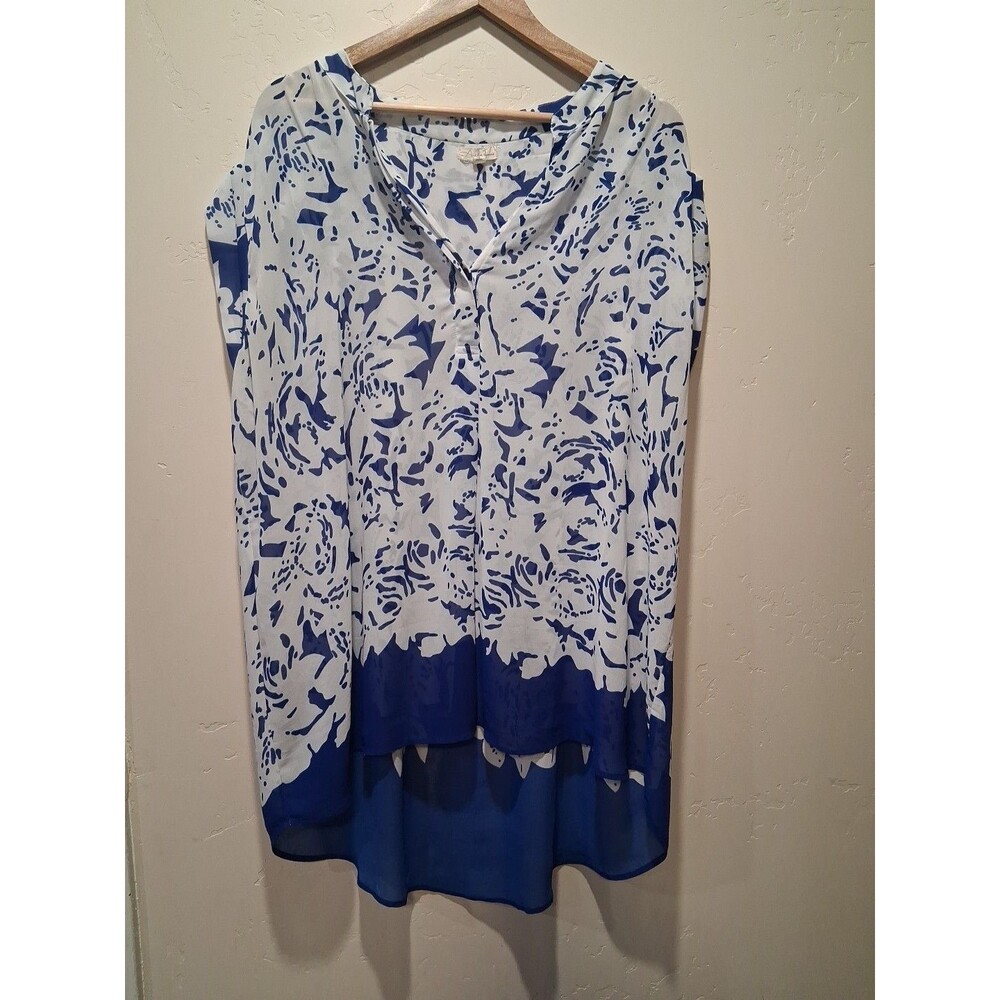 Antilia Femme Women's Plus 2X Blue White‎ Floral Hi Lo Cap Sleeve V-Neck Coastal